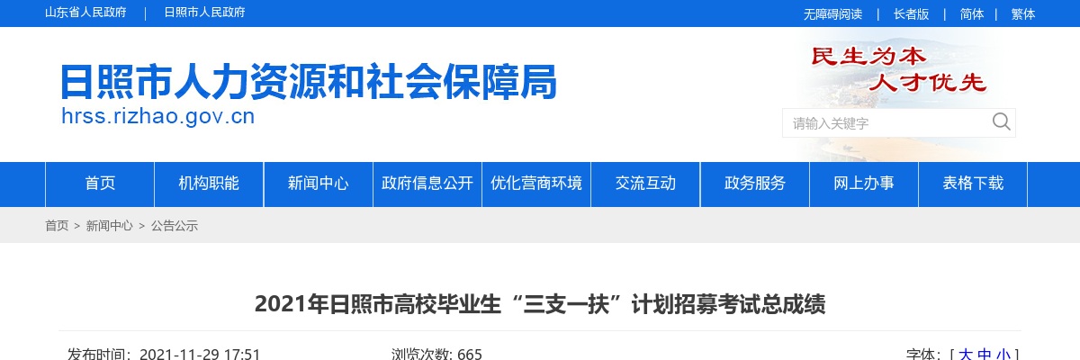 2021年日照市高校毕业生“三支一扶”计划招募考试总成绩 图片